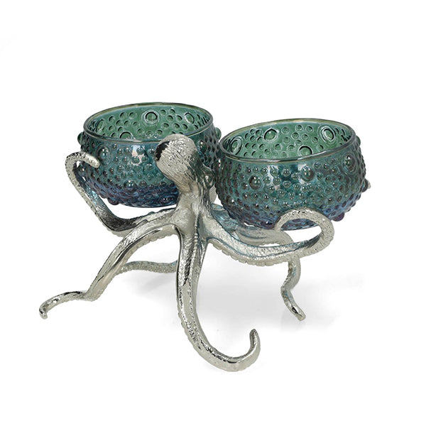 Culinary Concepts London. Octopus Holder With 2 Small Blue Green Glass Bowls - TheArtistsQuarter
