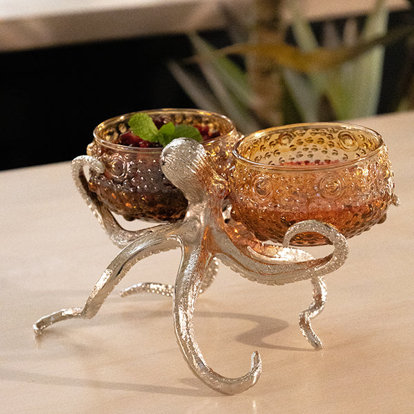 Culinary Concepts London. Octopus Holder With 2 Small Red Amber Glass Bowls - TheArtistsQuarter