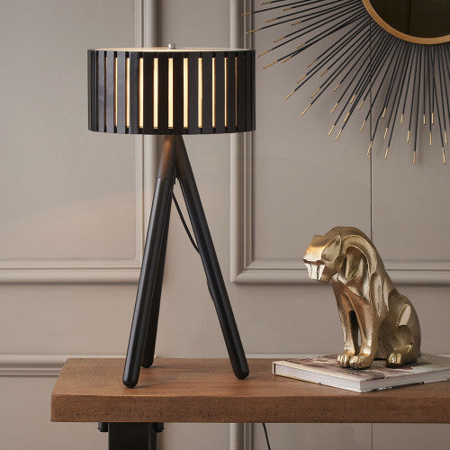 Rabanne Slatted Black Wood Tripod Table Lamp - TheArtistsQuarter