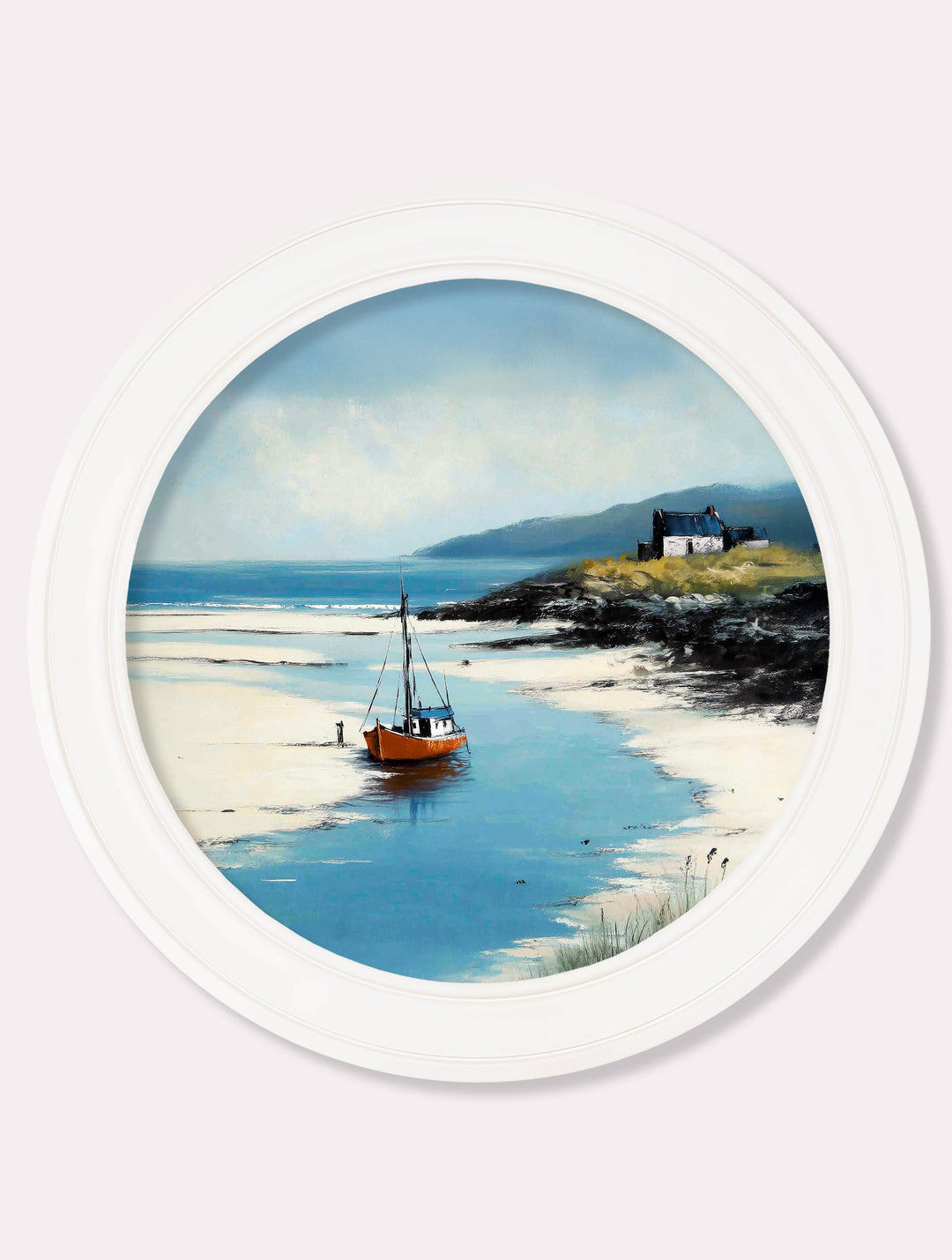 The Coastal Boat - Oxford White Round Frame