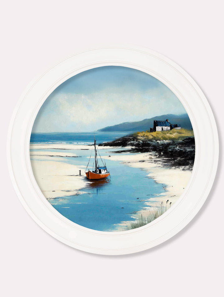 The Coastal Boat - Oxford White Round Frame