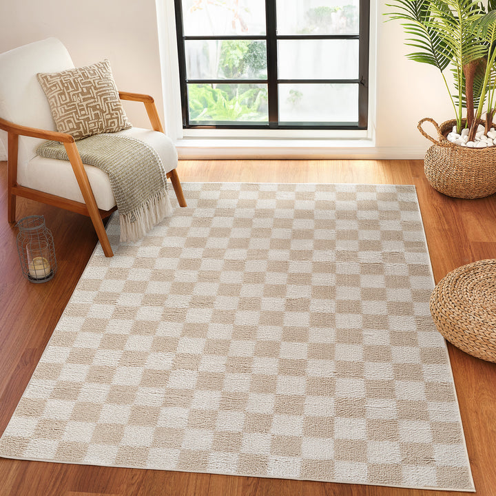 Fossay Washable Checkered Shaggy Rug Beige - TheArtistsQuarter