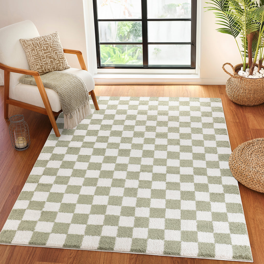 Fossay Washable Checkered Shaggy Rug Green - TheArtistsQuarter