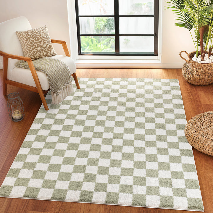 Fossay Washable Checkered Shaggy Rug Green - TheArtistsQuarter
