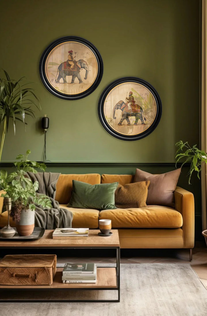 Mughal Emperor on Elephant - Oxford round frame - TheArtistsQuarter