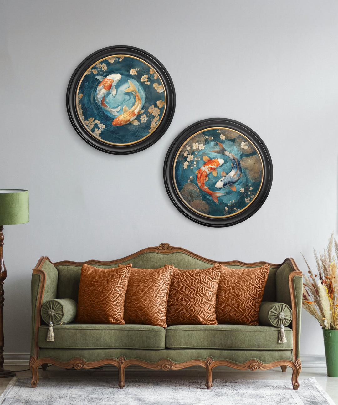 Japanese Koi Carps Dawn - Oxford Round Frame