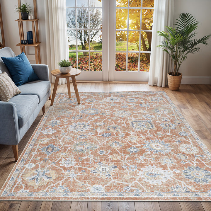 Lillian Traditional Washable Rug Orange & Light Grey - TheArtistsQuarter