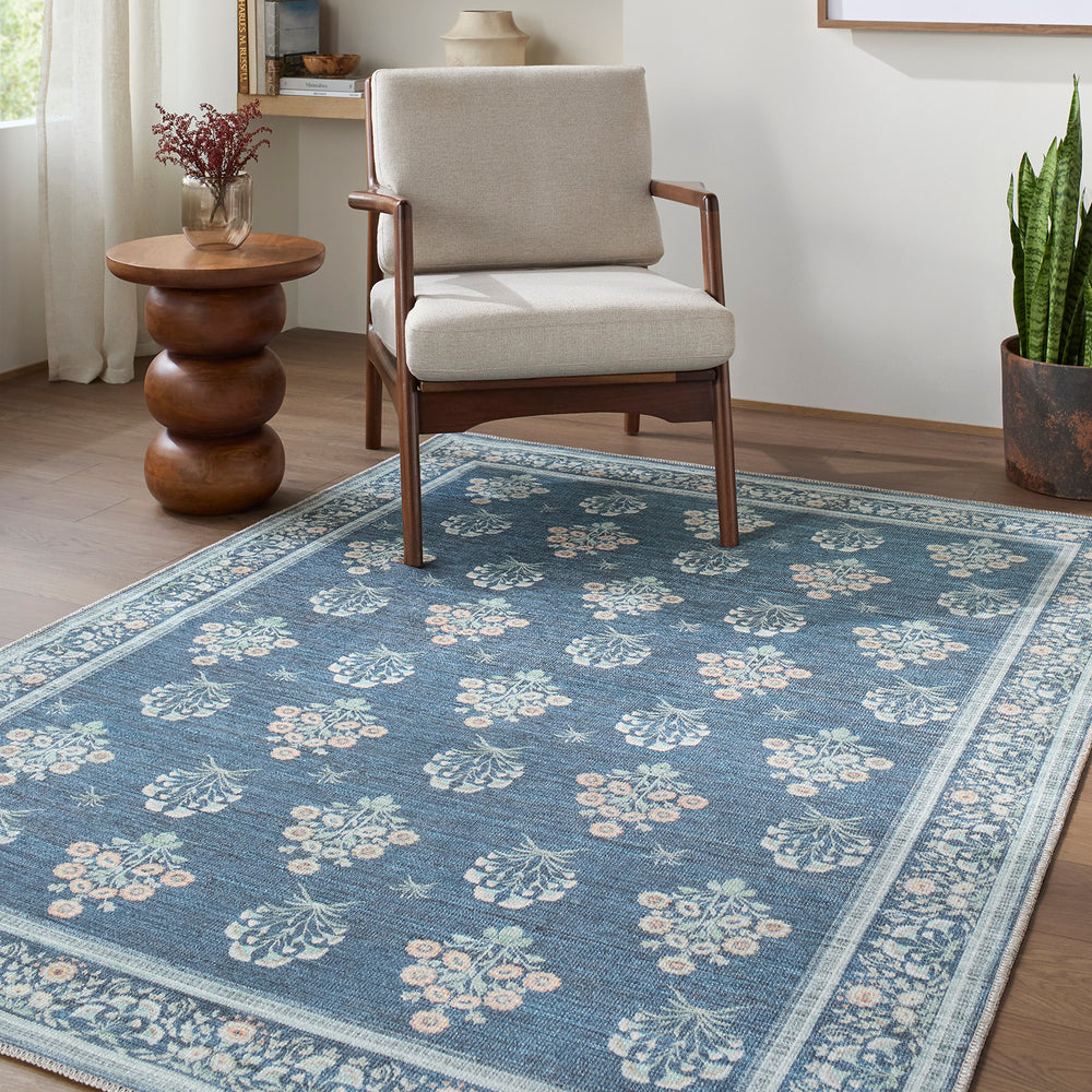 Thistle Floral Washable Rug Blue - TheArtistsQuarter