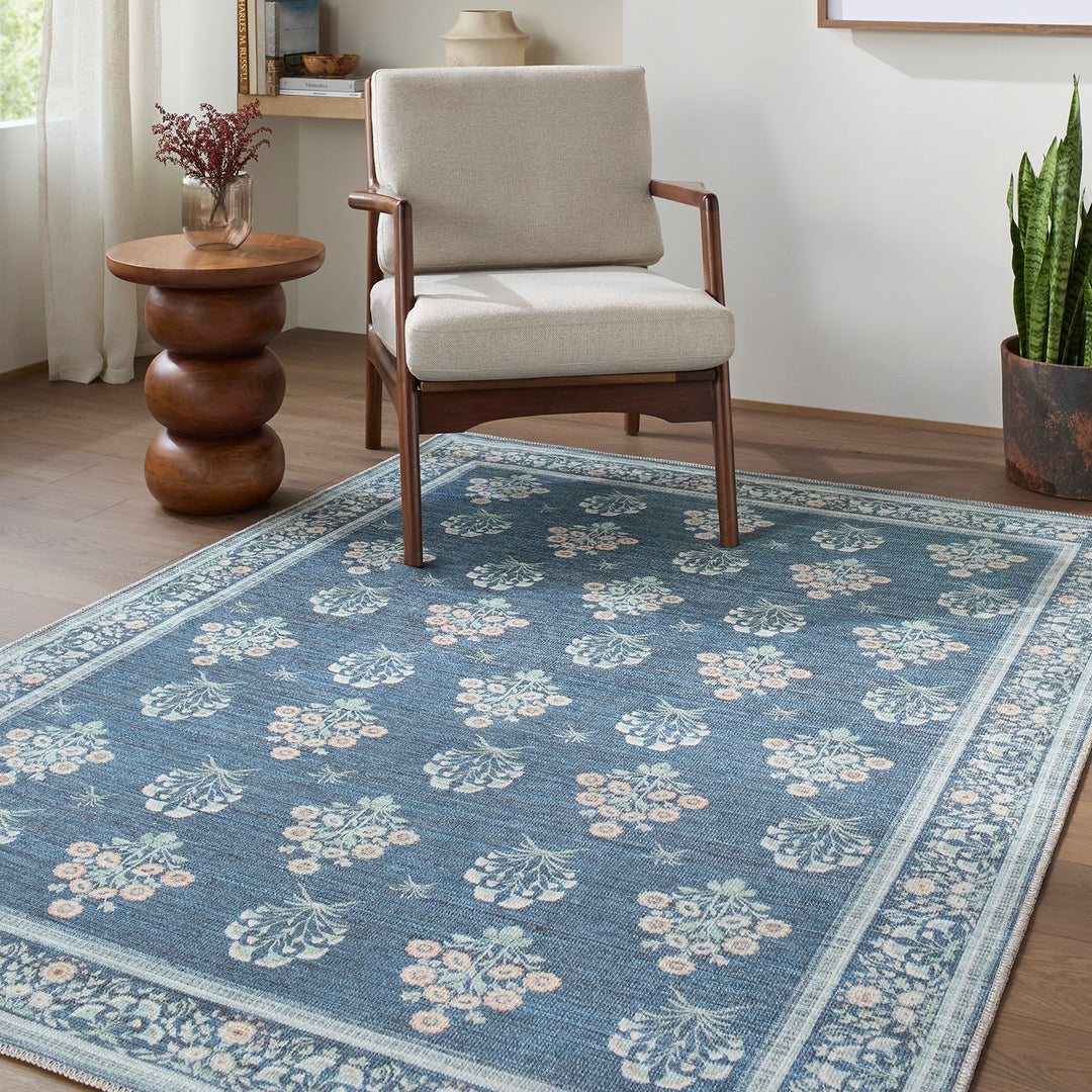 Thistle Floral Washable Rug Blue - TheArtistsQuarter