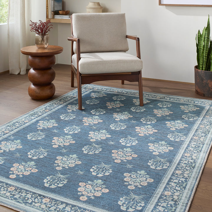 Thistle Floral Washable Rug Blue - TheArtistsQuarter