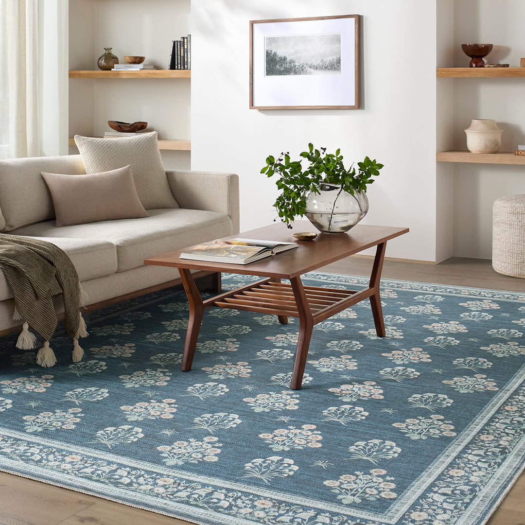 Thistle Floral Washable Rug Blue - TheArtistsQuarter