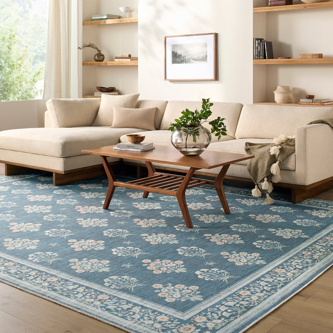 Thistle Floral Washable Rug Blue - TheArtistsQuarter