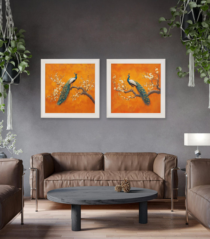 Peacocks In Saffron Garden - Cream Hurstwood Square Frame