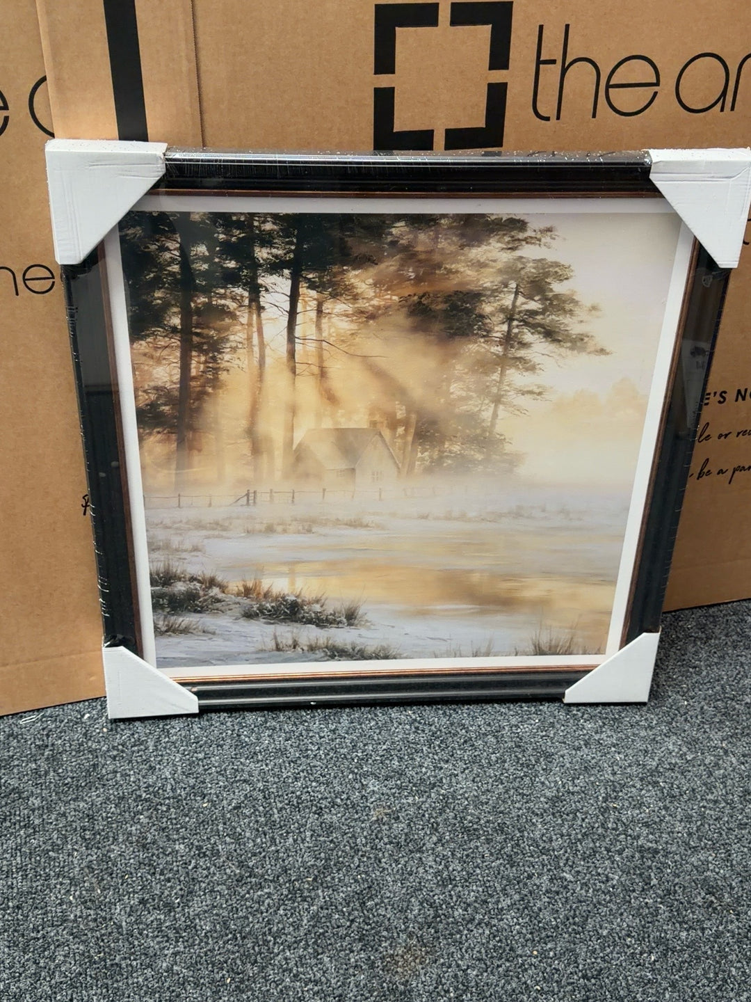 Art Deco framed winter cottage landscape