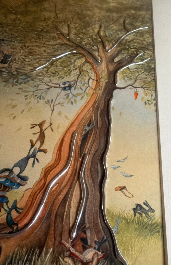Carrot Cottage School by Catherine Stephenson – close-up of the hand-applied silver embellishments on the tree
