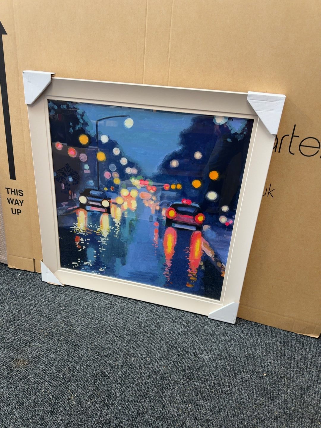 Beautiful colourful city lights in the rain trial piece, 82cm square