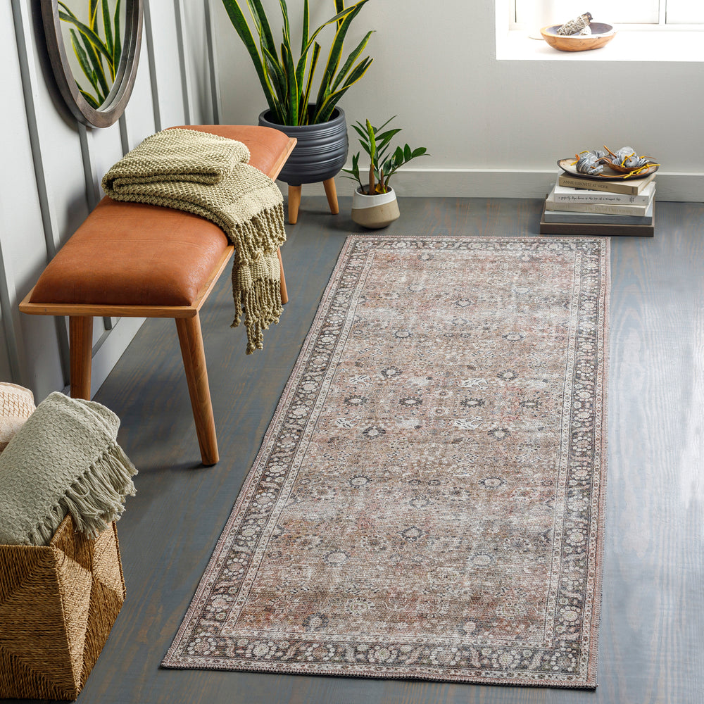 Colin Vintage Traditional Washable Runner Brown & Charcoal - TheArtistsQuarter