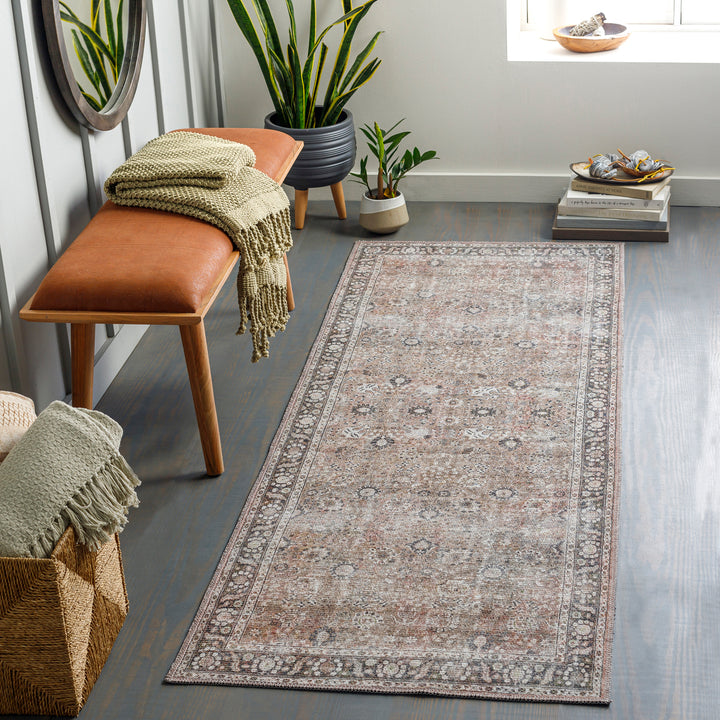 Colin Vintage Traditional Washable Runner Brown & Charcoal - TheArtistsQuarter