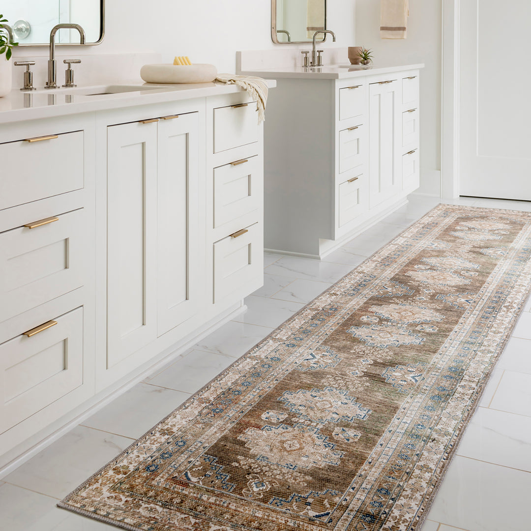 Colin Vintage Traditional Washable Runner Brown & Light Beige - TheArtistsQuarter