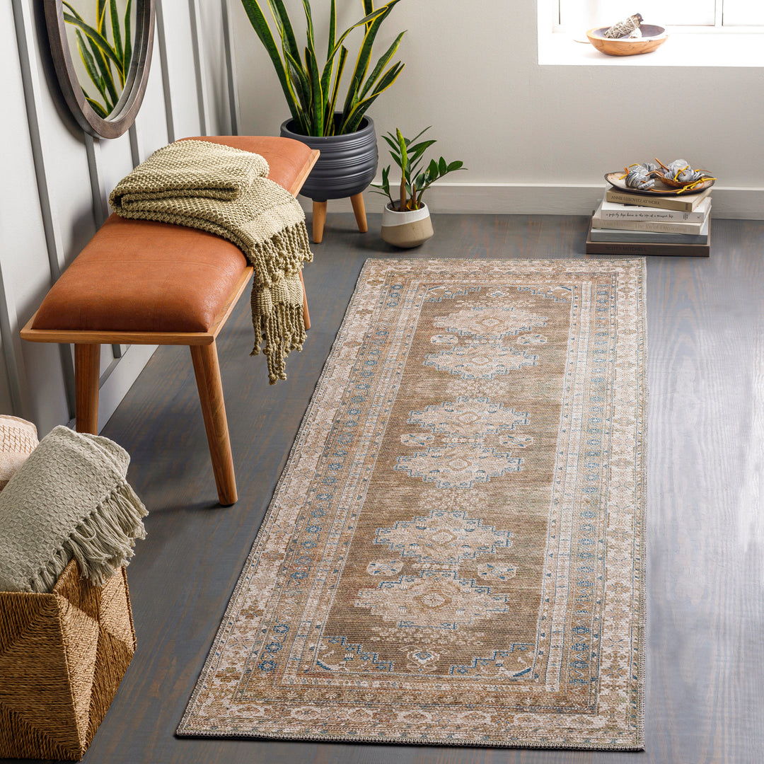 Colin Vintage Traditional Washable Runner Brown & Light Beige - TheArtistsQuarter