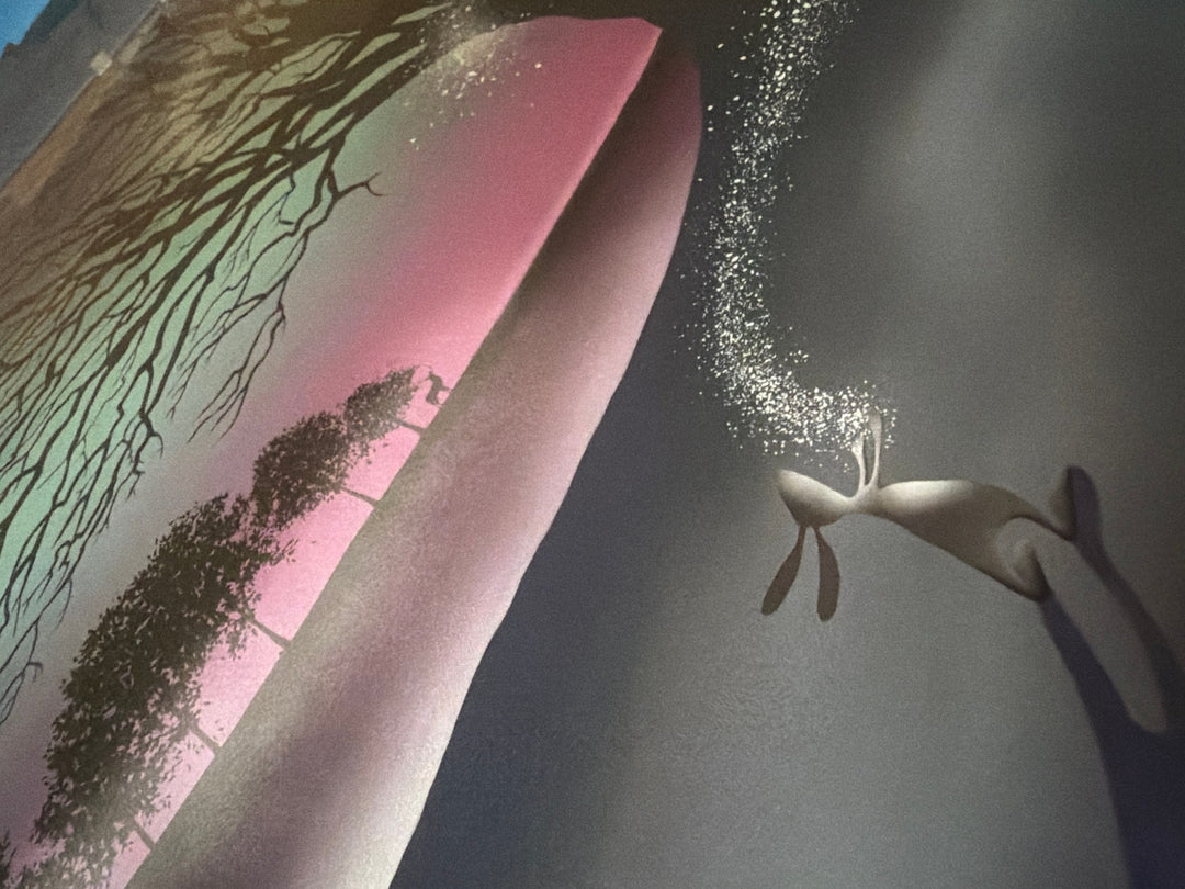 Dreamtime by Catherine Stephenson – close-up of the hand-applied silver embellishments on the leaping hare