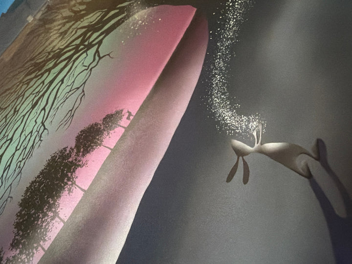 Dreamtime by Catherine Stephenson – close-up of the hand-applied silver embellishments on the leaping hare