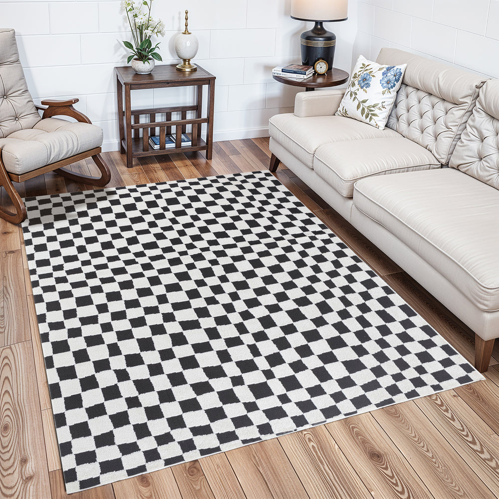 Freud Modern High Pile Checkered Rug Black - TheArtistsQuarter