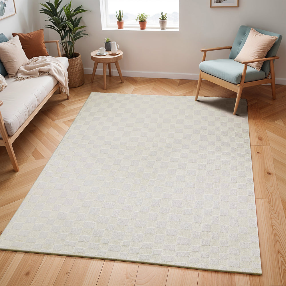 Freud Modern High Pile Checkered Rug White - TheArtistsQuarter