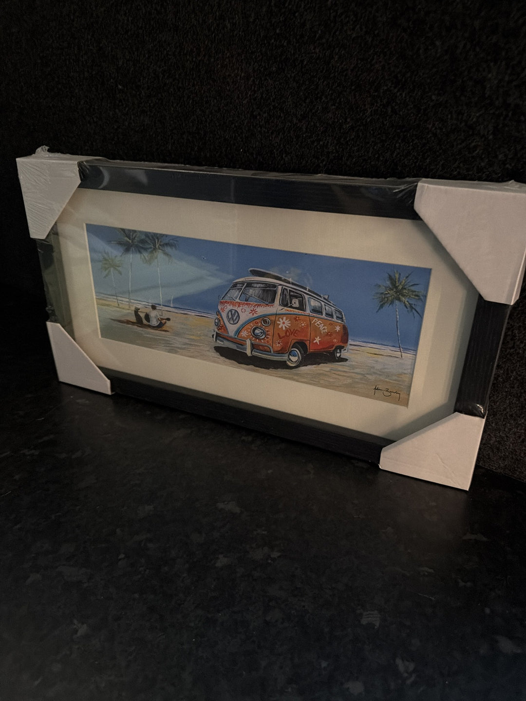 Flower Power by Adam Barsby, orange VW campervan on a beach