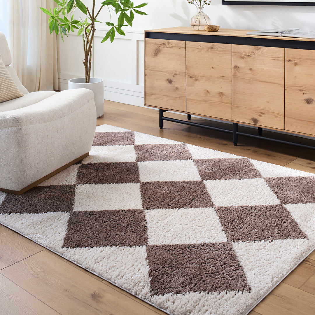 Fossay Washable Diamond Shaggy Rug Brown - TheArtistsQuarter