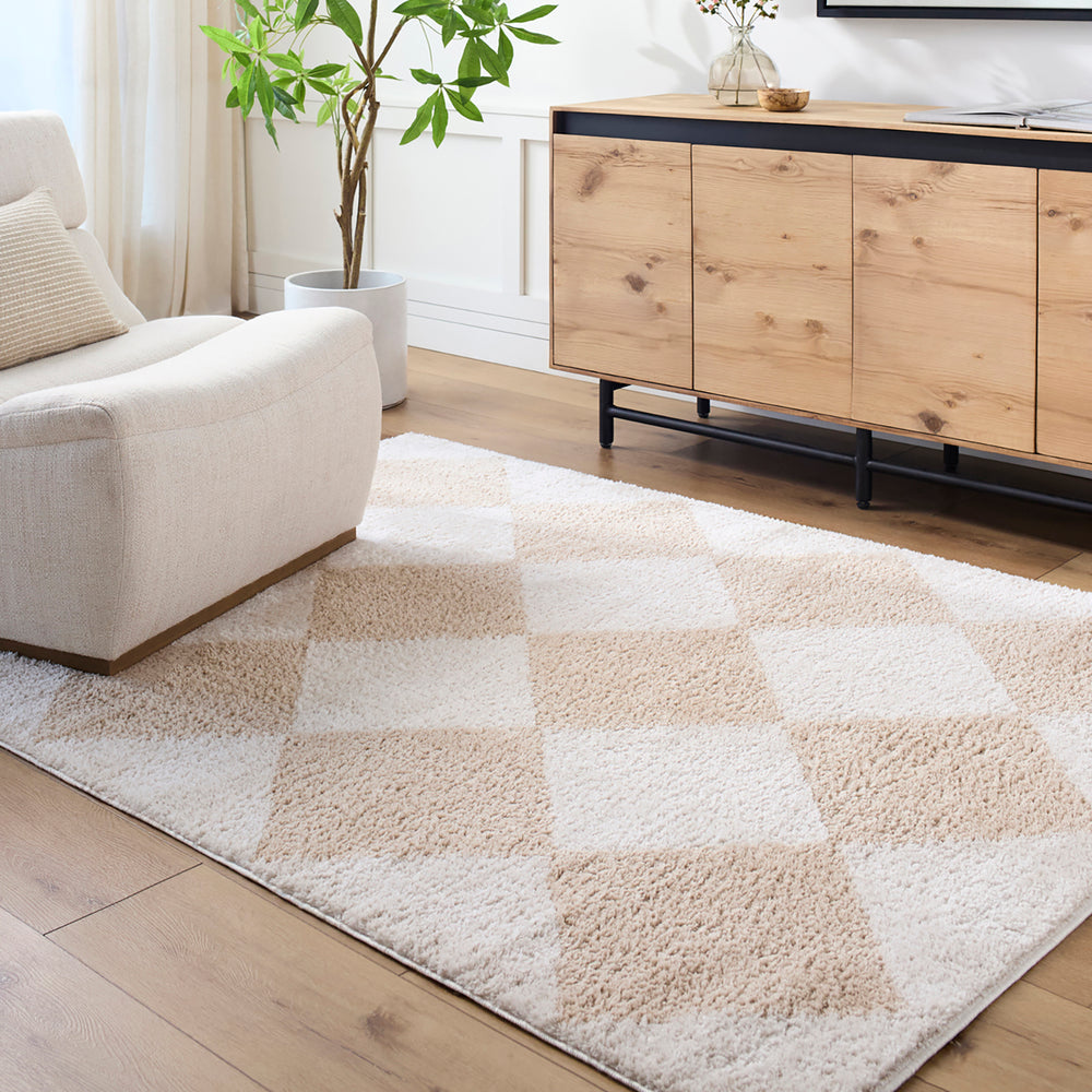 Fossay Washable Diamond Shaggy Rug Beige - TheArtistsQuarter