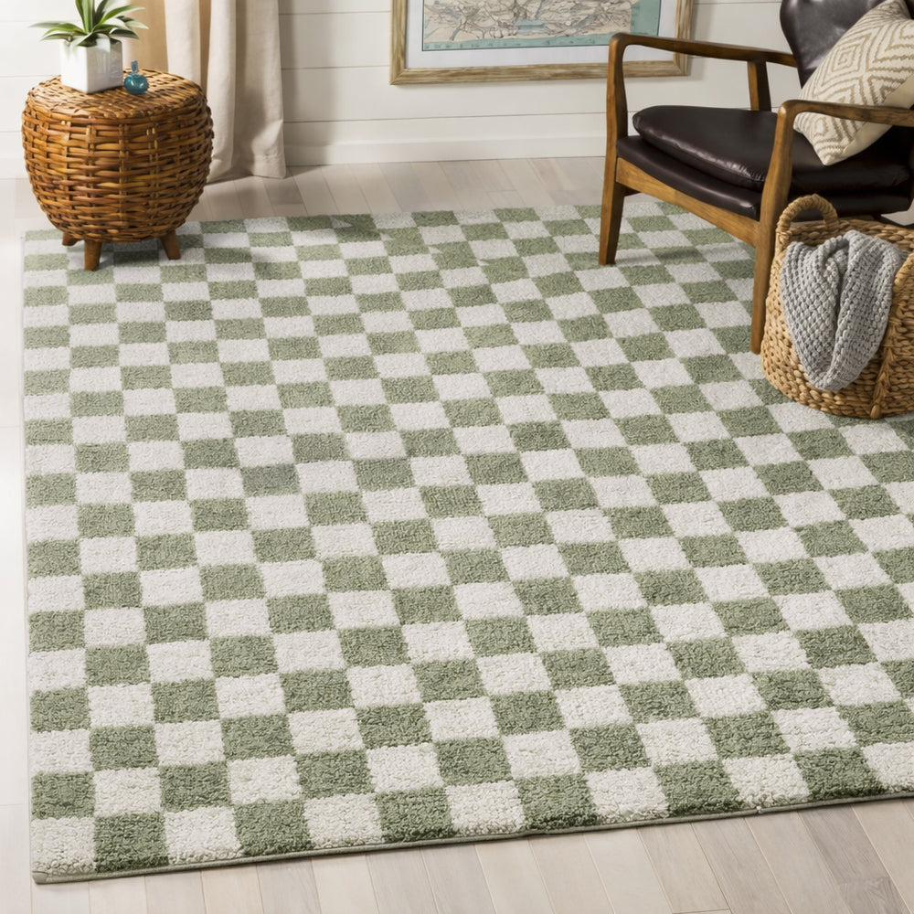 Fossay Washable Checkered Shaggy Rug Green - TheArtistsQuarter