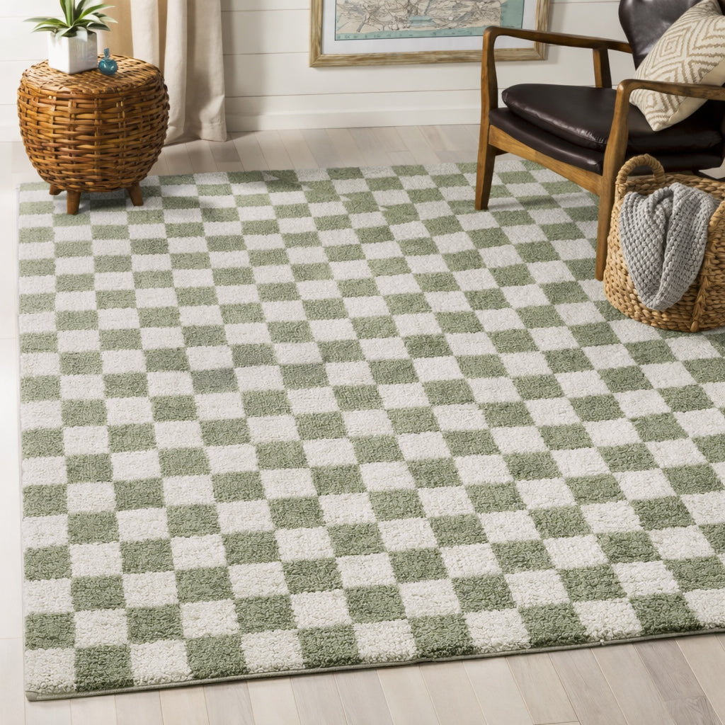 Fossay Washable Checkered Shaggy Rug Green - TheArtistsQuarter
