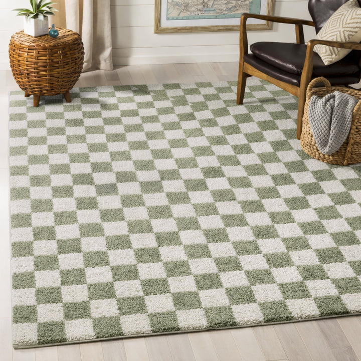 Fossay Washable Checkered Shaggy Rug Green - TheArtistsQuarter