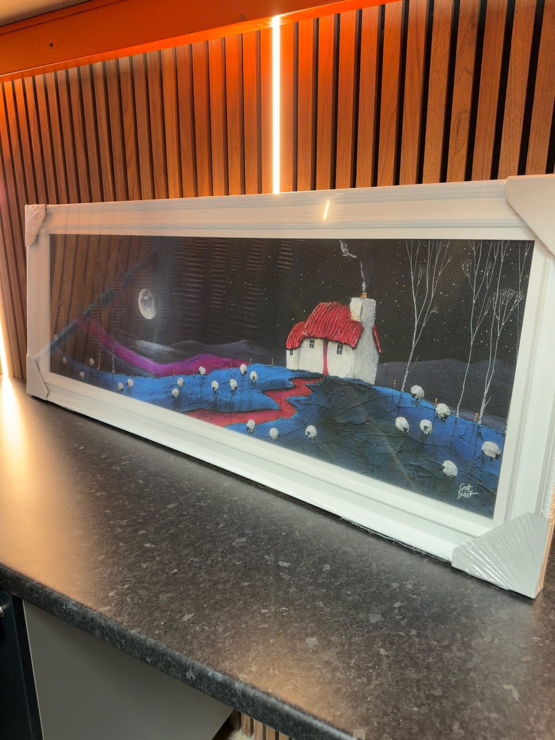 Geoff Beckett moonlit cottage and sheep trial piece 132cm by 50cm