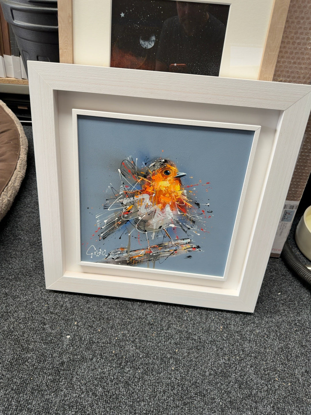 Robin artwork by Joe Galindo in a white frame