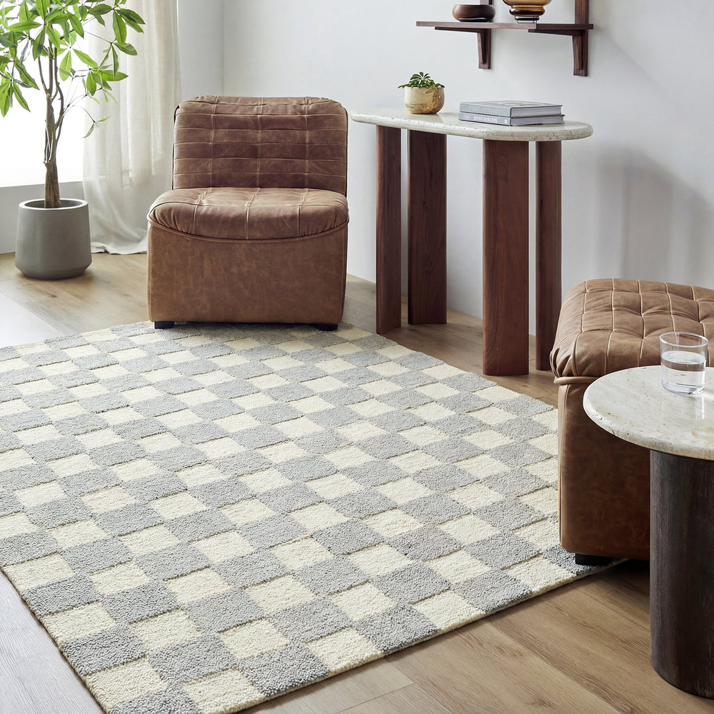 Klopp Modern Wool Checkered Rug Grey - TheArtistsQuarter