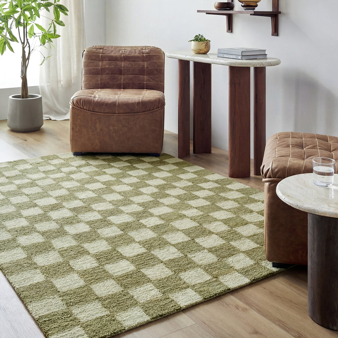Klopp Modern Wool Checkered Rug Green - TheArtistsQuarter