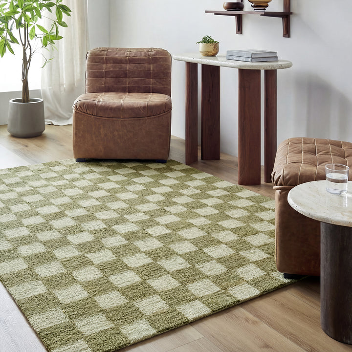 Klopp Modern Wool Checkered Rug Green - TheArtistsQuarter