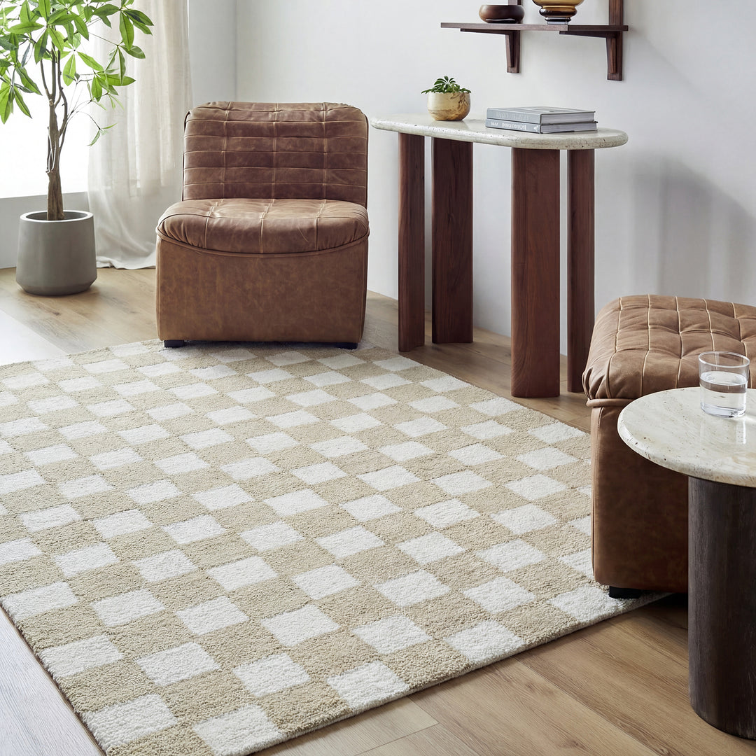 Klopp Modern Wool Checkered Rug Beige - TheArtistsQuarter