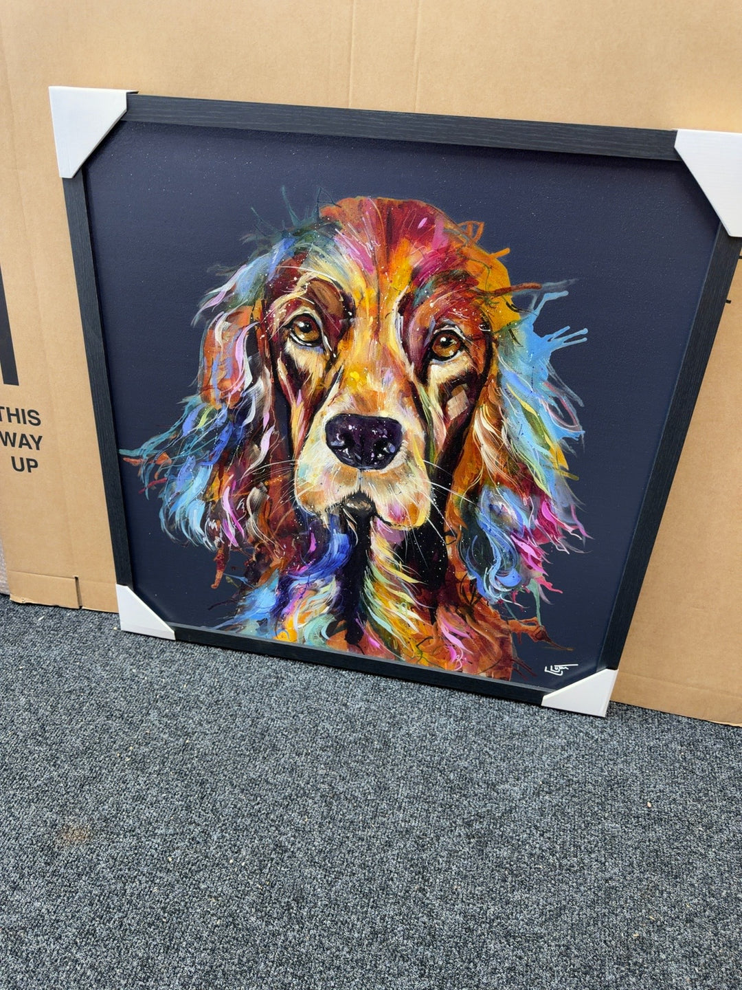 Louise Luton colourful spaniel trial piece 84cm square