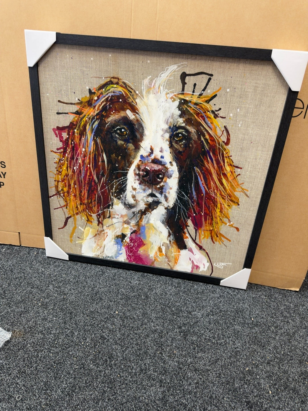 Louise Luton colourful Springer spaniel trial piece 84cm square