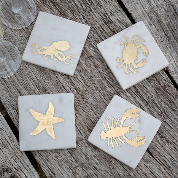 Culinary Concepts London. Mixed Set of 4 Seashore Marble Coasters with Brass Designs - TheArtistsQuarter