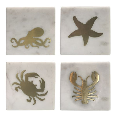 Culinary Concepts London. Mixed Set of 4 Seashore Marble Coasters with Brass Designs - TheArtistsQuarter