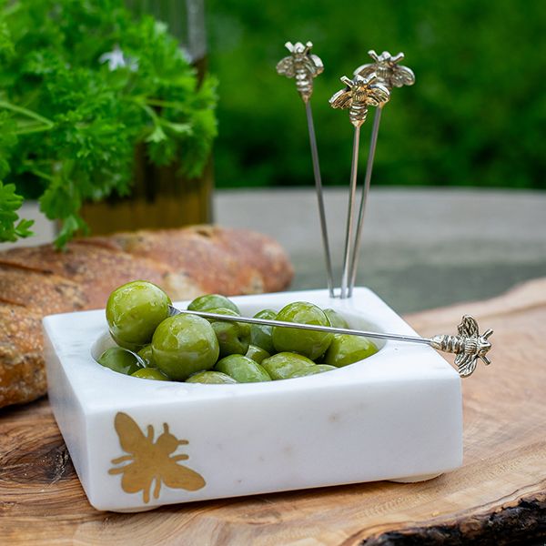 Culinary Concepts London. Bee Marble Olives Dish with picks - TheArtistsQuarter