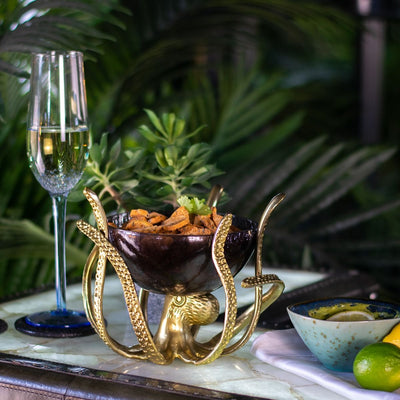 Culinary Concepts London. Mini Gold Octopus Stand With Dark Crackle Glass Bowl - TheArtistsQuarter