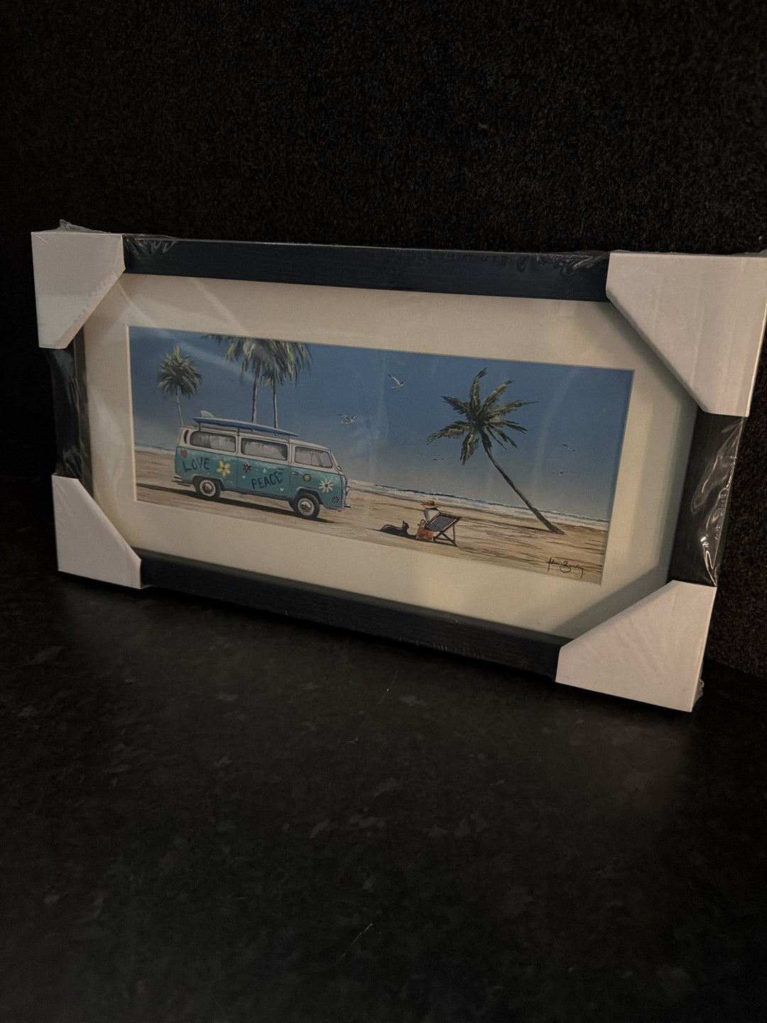 Peace And Love by Adam Barsby, teal VW campervan on a beach