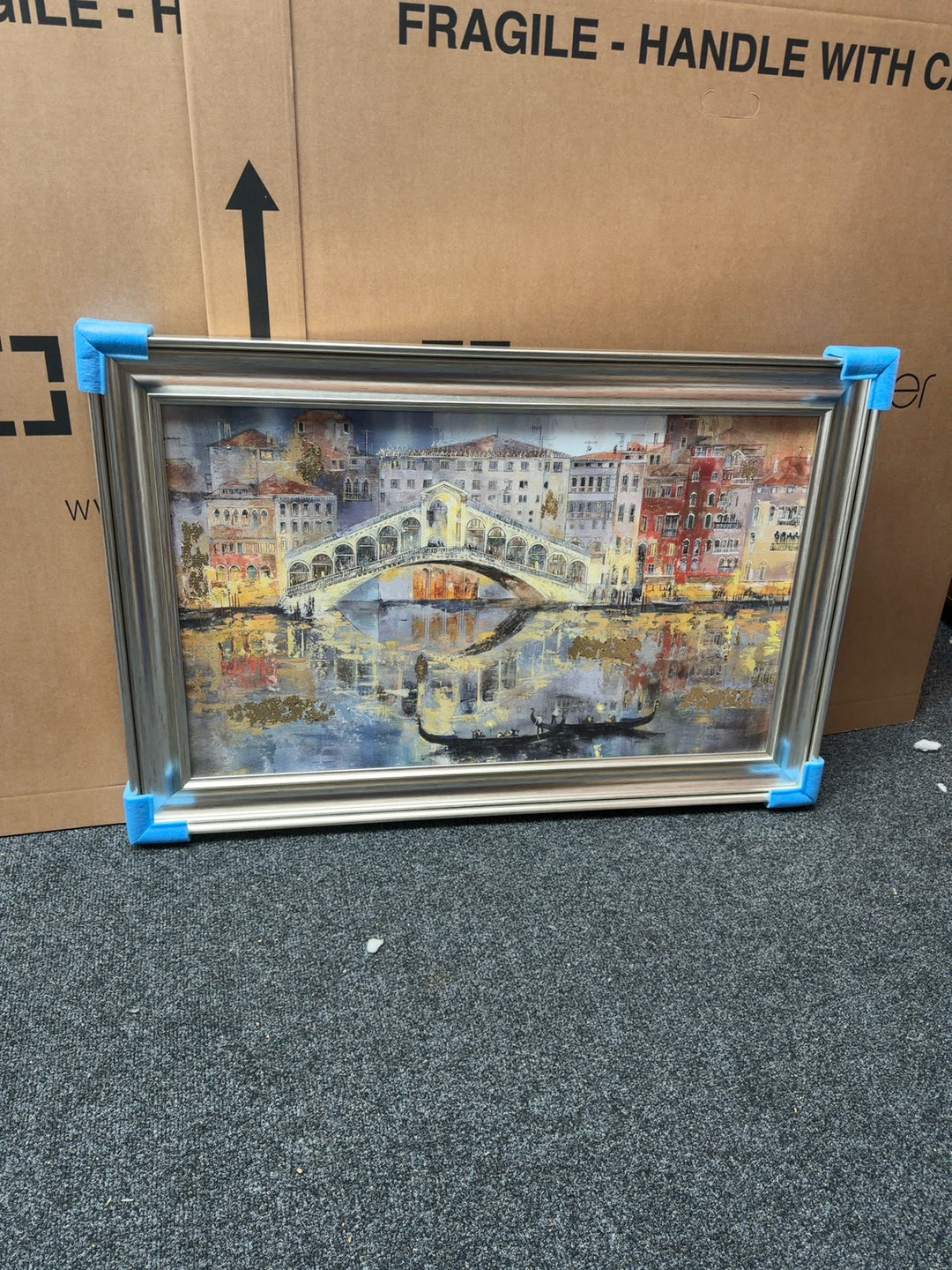 Large framed Rialto Bridge Venice artwork with gold foil detailing