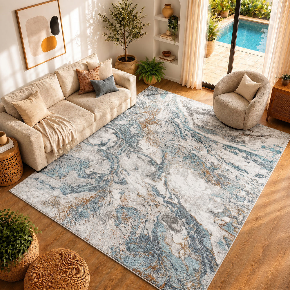San Francisco Abstract Marble Rug Blue & Ivory - TheArtistsQuarter