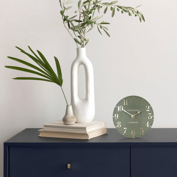 Thomas Kent London. Arabic Mantel Clock 6" (15cm) Lichen - TheArtistsQuarter